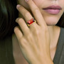 Pink tourmaline ring on models hand