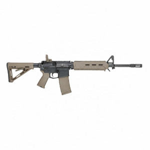 Smith and Wesson M&P-15 MOE Mid 5.56 rifle with 16-inch barrel, Magpul MOE furniture, and flat dark earth finish on a white background