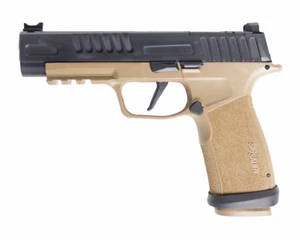 Sig Sauer P365 FUSE 9mm pistol with 4.3 inch barrel, optics ready slide, and FDE black two tone finish pointing left