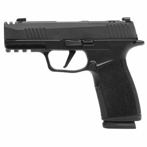 Sig Sauer P365 X Macro 9mm pistol with compensated slide, 3.1 inch barrel, and black finish pointing left
