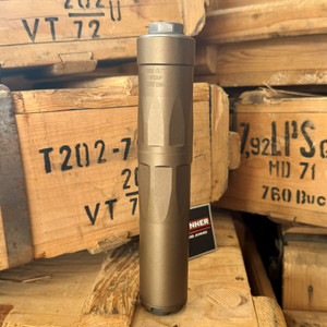 StingerWorx EVO Hunter .30 suppressor featuring titanium blast chamber, lightweight aluminum construction, HUB-compatible mounting system, and modular multi-caliber hunting suppressor design, in store image upright