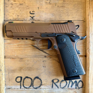 Sig Sauer 1911 XCarry .45 ACP commander-size pistol in Coyote Tan with optics-ready slide, XRAY3 night sights, custom LOK G10 grips, and accessory rail, in store image
