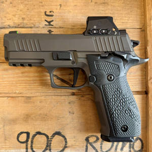 SIG Sauer P226 XCarry Legion SAO RXSL 9mm pistol in Legion Gray with factory-installed ROMEO-X Compact optic and G10 grips, in store image pointing to the left