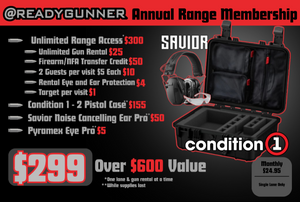 Ready Gunner Annual Range Membership offering unlimited indoor shooting range access, firearm rental discounts, transfer credits, and exclusive member benefits.