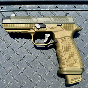 Agency Arms x Sage Dynamics SIG Sauer P320 9mm pistol in ODG Nitride featuring the Agency Optic System, integrated Sage compensator, Icarus Precision grip module, and suppressor-height sights, in store