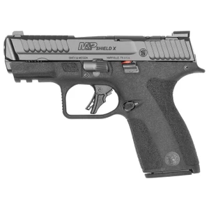 Smith & Wesson M&P Shield X 9mm compact pistol with 3.6 inch barrel, optics-ready slide and black finish. Stock image, pointing to the left