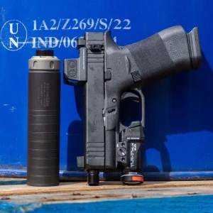 Ready Gunner Glock 43X suppressed 9mm package with SilencerCo Spectre 9, Holosun EPS Carry and Streamlight TLR-7 HL-X Sub, in store image pointed downwards