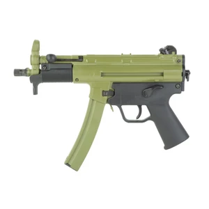 HK SP5K-PDW 9mm pistol with 5.83 inch threaded tri-lug barrel and Bazooka Green Cerakote finish. Stock image pointing to the left.