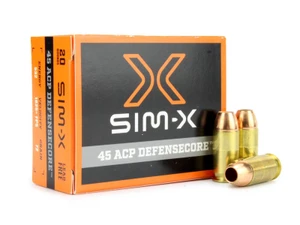 SIM-X DefenseCore 45 ACP 72 grain lead-free jacketed hollow point ammunition 20 round box