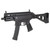 Grand Power Stribog SP9A3S 9mm pistol with 5 inch threaded barrel folding brace and black finish angled inward to the left