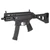 Grand Power Stribog SP9A3S 9mm pistol with 5 inch threaded barrel folding brace and black finish angled inward to the left, stock image