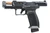 Canik TTI Combat 9mm pistol with 4.6 inch ported barrel and quick-detach compensator, Smoke Grey Cerakote, MPN HG7854S-N, pointed to the left