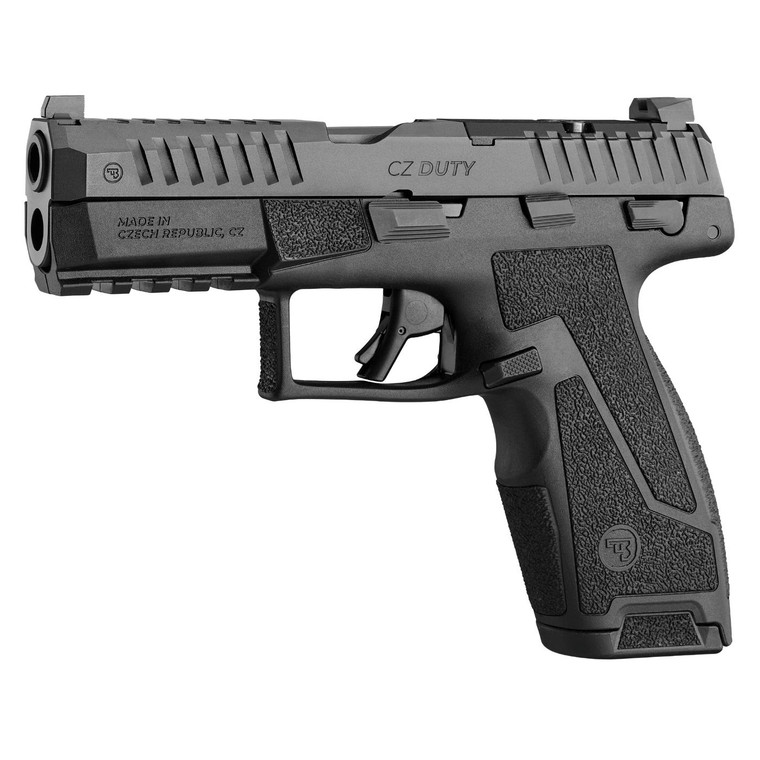 CZ Duty 4.0F MS 9mm pistol with 4 inch barrel and ambidextrous manual safety, black, MPN 95082, pointed to the left
