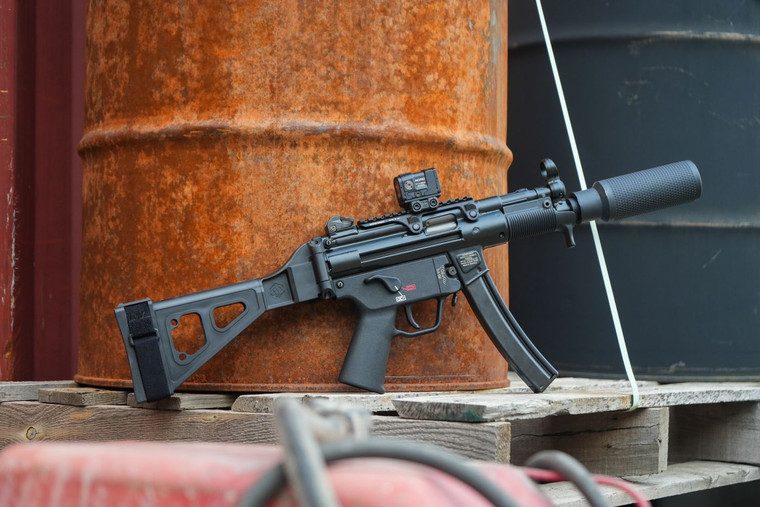 HK SP5K-PDW 9mm pistol package with Otter Creek Labs Milkman suppressor, Aimpoint ACRO P-2 and SBT5K folding brace