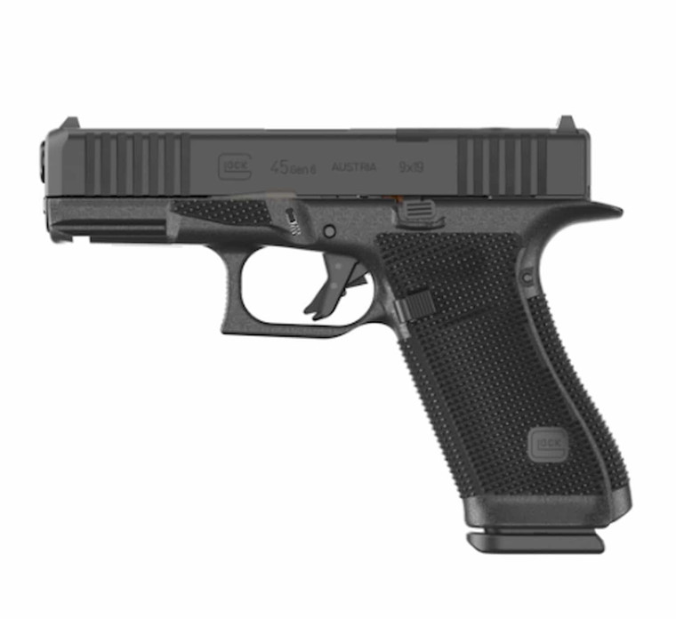 Front profile view of a Glock 45 Gen 6 9mm pistol with a 4.02-inch barrel and 17-round capacity, featuring a black nDLC finish, optic-ready slide, and enhanced Gen 6 grip texture on a clean white background.