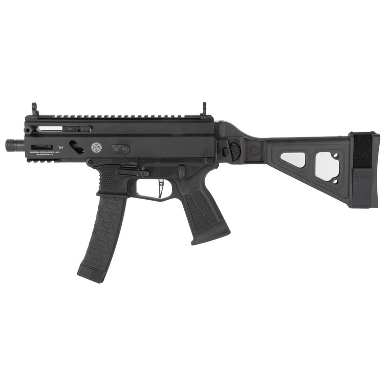 Grand Power Stribog SP9A3S 9mm pistol with 5 inch threaded barrel folding brace and black finish