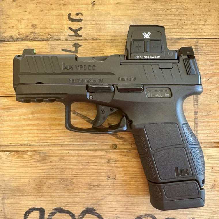 Heckler and Koch VP9CC 9mm micro-compact pistol with Vortex Defender CCW red dot optic and tritium front sight, in store image