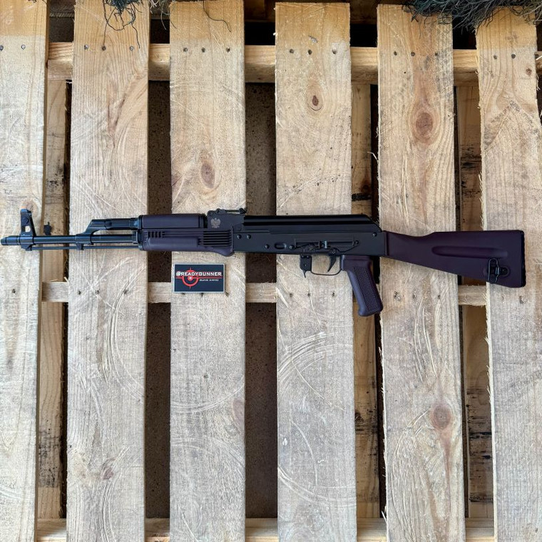 Soviet Arms WBP GF5 AK rifle chambered in 7.62x39 with FN cold hammer forged barrel, plum polymer furniture, and stamped steel receiver, in store image