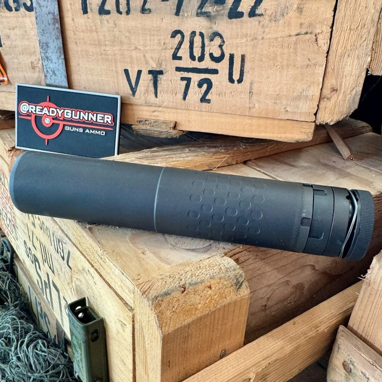 SilencerCo Saker 7.62 suppressor with matte black finish, Stellite baffle construction, and MAAD mounting system for 5.56 and 7.62 rifles, in store image