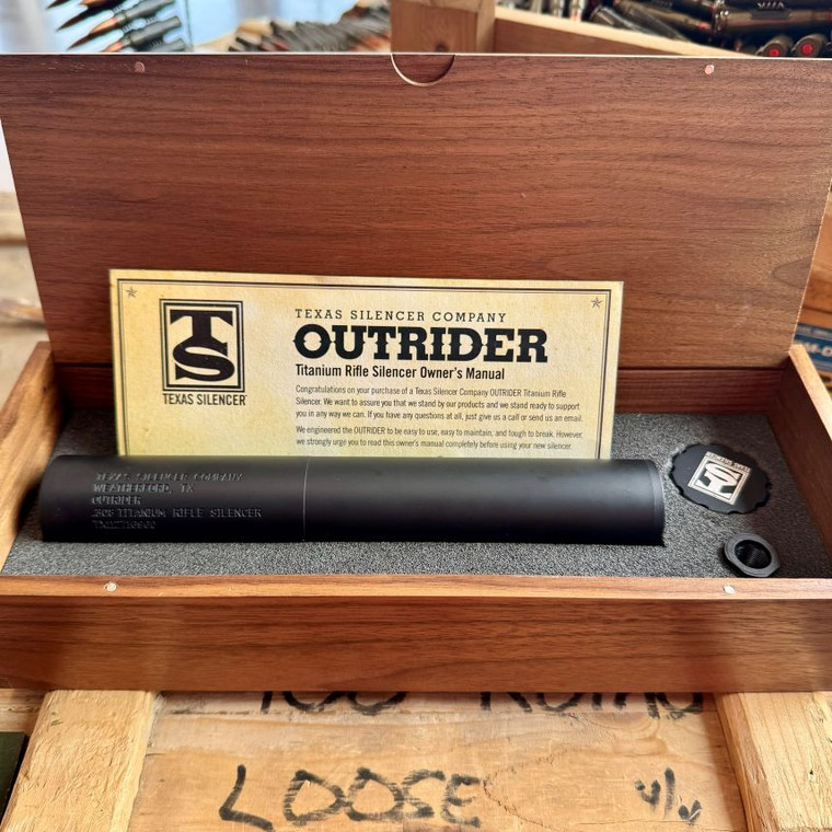 Texas Silencer Company OUTRIDER titanium rifle suppressor lightweight hunting silencer for .223 to .300 Win Mag with direct thread mount, in store image in box