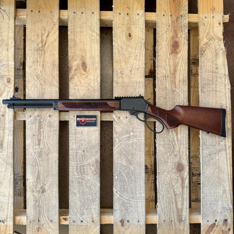Smith & Wesson Model 1854 lever action rifle chambered in .357 Magnum with walnut stock, threaded barrel, XS ghost ring sights, and Armornite finish, in store image