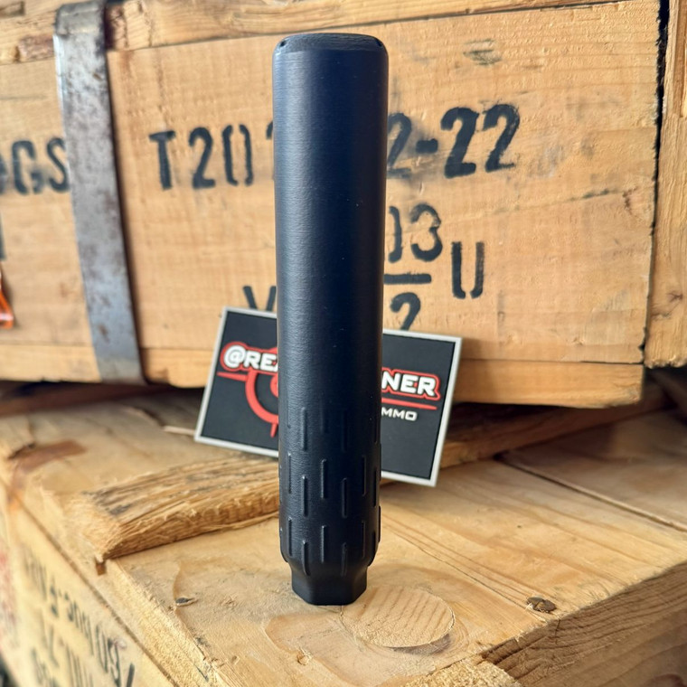 HUXWRX Flow 22 Ti .22 LR suppressor with Grade 5 titanium construction, Cerakote black finish, Flow-Through technology, and 1/2x28 direct thread mounting, in store image