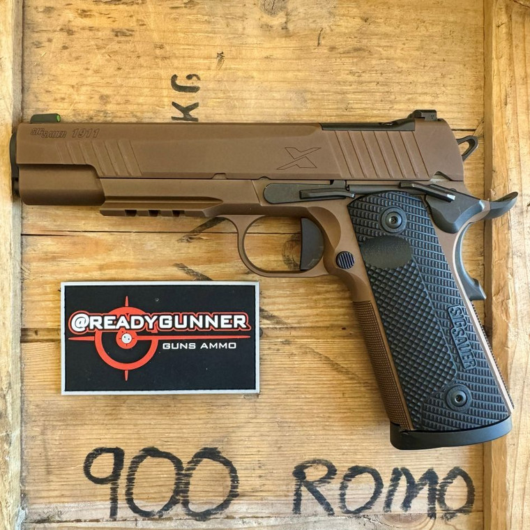 Sig Sauer 1911 X Series .45 ACP full-size pistol in Coyote with optics-ready slide, XRAY3 night sights, custom LOK G10 grips, magwell, and accessory rail, in store image pointing to the left