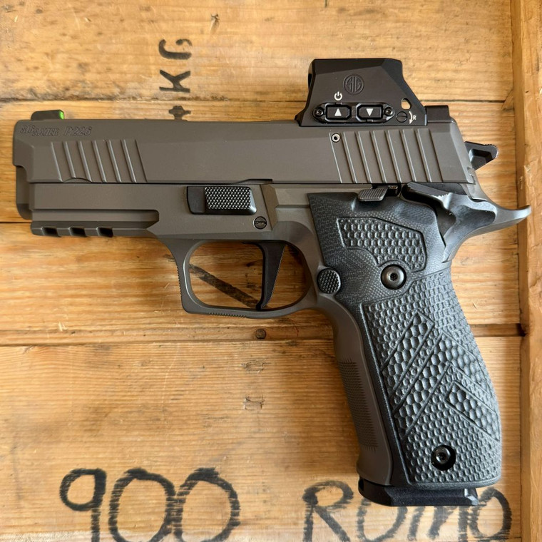 SIG Sauer P226 XCarry Legion SAO RXSL 9mm pistol in Legion Gray with factory-installed ROMEO-X Compact optic and G10 grips, in store image pointing to the left