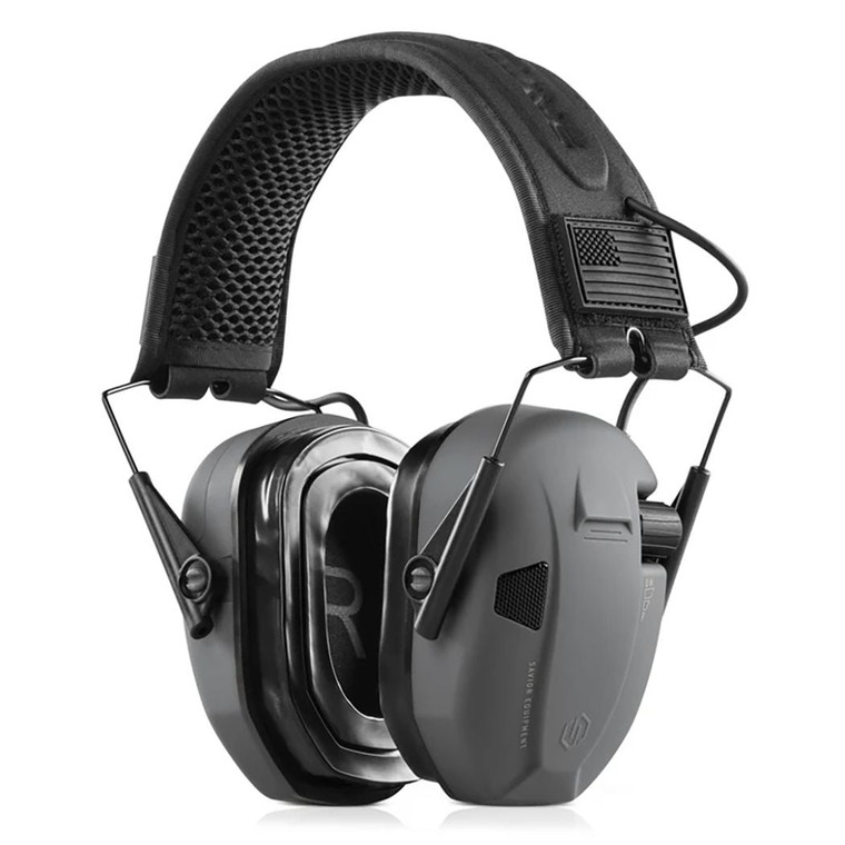 Savior Equipment Apollo Electronic Hearing Protection Ear Muffs in Gray featuring 24dB NRR, active sound compression, dual microphones, and adaptive cool gel ear pads, stock image