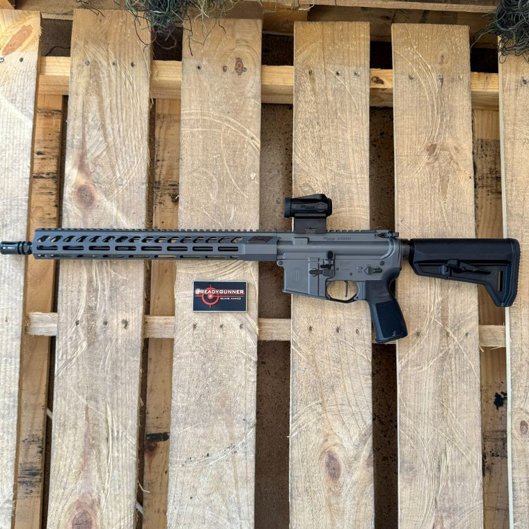 Sig Sauer M400 FORGE AR-15 rifle chambered in 5.56 NATO with 16-inch cold hammer forged barrel, ROMEO-MSR Gen II red dot, and free-float aluminum handguard, in store image pointed to the left