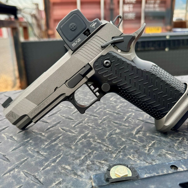 Vudoo Gun Works Priest DS double-stack 1911 pistol in Tungsten Grey featuring an RMR optic cut, flush-cut bull barrel, Red Dirt trigger, Vudoo Tactical Magwell, and aggressive aluminum grip, in store image