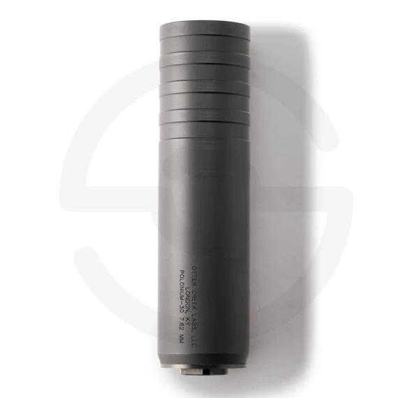 Otter Creek Labs Polonium-30 multi-caliber suppressor with black Cerakote finish, 17-4 stainless steel construction, HUB-compatible mounting, and flash-hiding end cap.