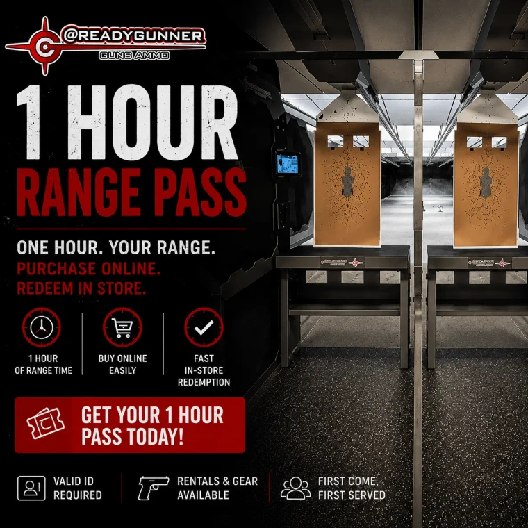 Ready Gunner 1 Hour Indoor Range Pass for use at the Ready Gunner indoor shooting range.