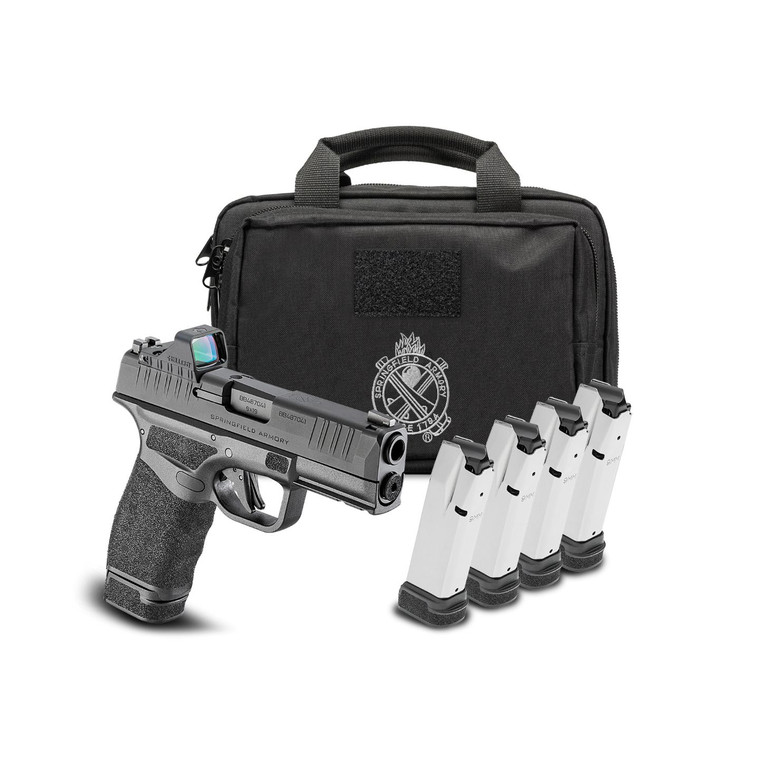Springfield Hellcat Pro 9mm pistol with Viridian VFX11 Green Dot, four magazines, and range bag.