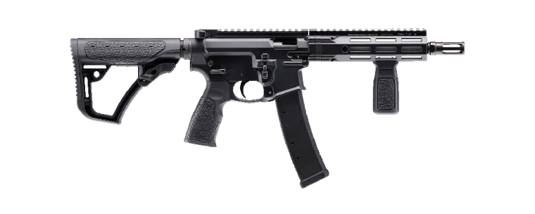 Daniel Defense DDPCC 9mm short-barreled rifle with 8.3-inch threaded barrel, DD4 M-LOK rail, and black finish.