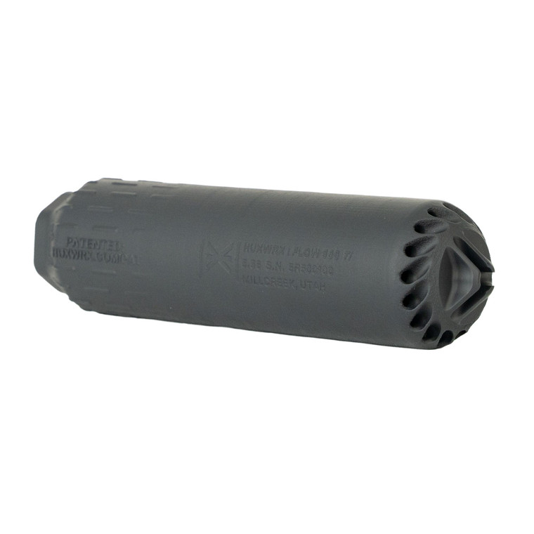 HUXWRX FLOW 556 Ti 5.56 NATO titanium suppressor with black Cerakote finish.