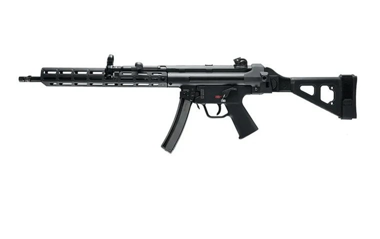 HK SP5L Elite 9mm with 16.5 inch barrel, Midwest Industries M-LOK handguard, and SB Tactical SBT5 arm brace, left
