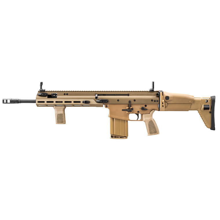 FN SCAR 17S 7.62 NATO semi-automatic rifle with 16.25 inch barrel, Flat Dark Earth finish, adjustable stock and M-LOK rail, stock image