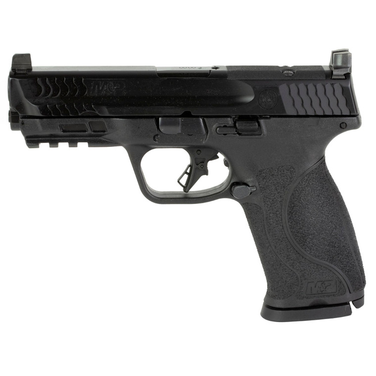 Smith & Wesson M&P9 M2.0 9mm full-size optics-ready pistol with 4.25 inch barrel in black, stock image, pointing to the left