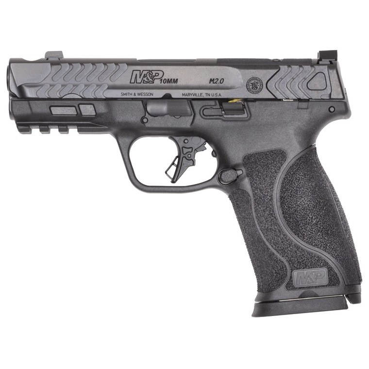 Smith & Wesson Performance Center M&P 2.0 Compact Carry Comp 10mm with 4 inch PowerPort barrel and optics-ready slide. Stock image, pointed to the left