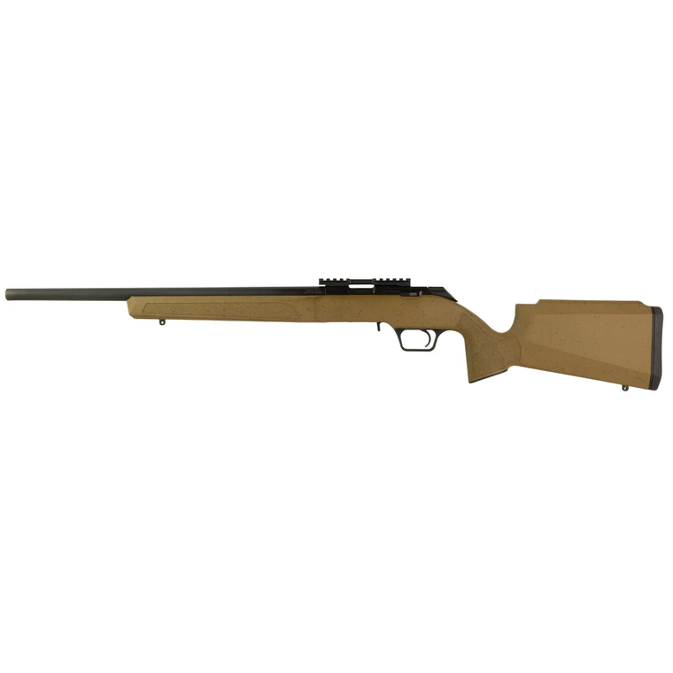 Springfield Model 2020 Rimfire Target .22 LR bolt action rifle with 20-inch threaded barrel and Coyote black webbing stock. Pointed to the left