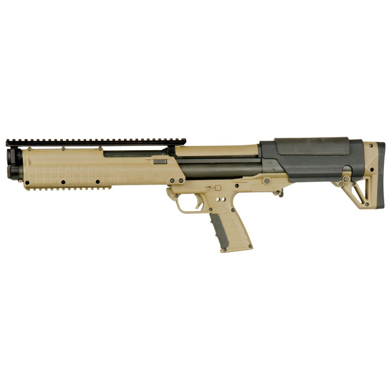 Kel-Tec KSG 12 Gauge pump action shotgun with 18.5-inch barrel, dual magazine tubes and Tan Cerakote finish.