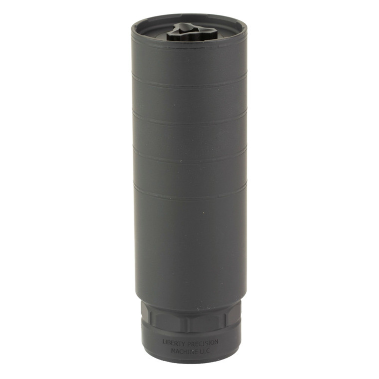 Liberty Precision Machine Duty 5.56 NATO suppressor with black Cerakote finish. Stock image, upright