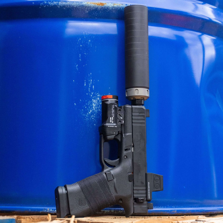 Ready Gunner Glock 43X suppressed 9mm package with SilencerCo Spectre 9, Holosun EPS Carry and Streamlight TLR-7 HL-X Sub, in store image pointed upwards.