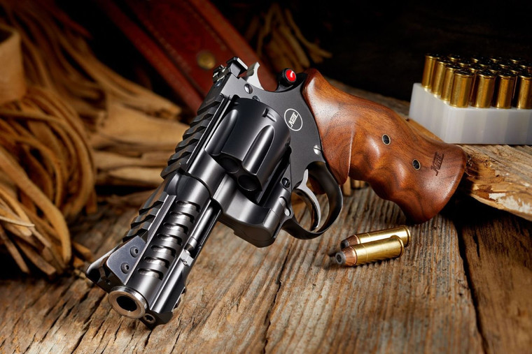 Korth NXR 44 Magnum 4 inch six-shot revolver with DLC finish and Turkish walnut grip, stock image