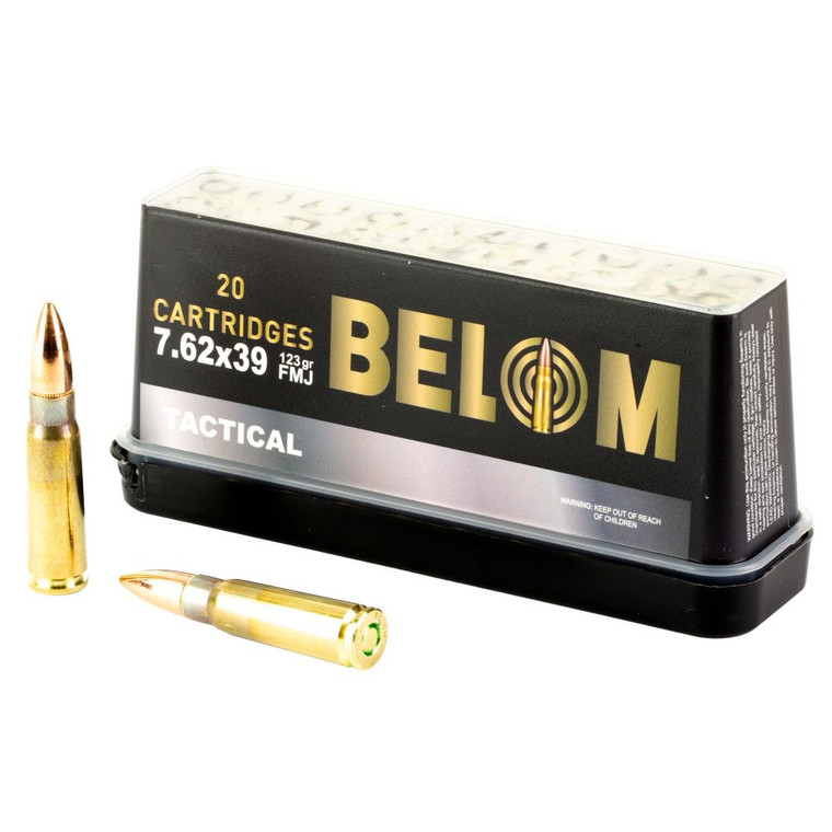Belom 7.62x39 123 grain FMJ brass case rifle ammunition in 20 round hard polymer box