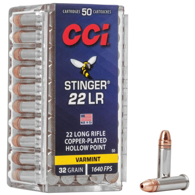 CCI Stinger 22 LR 32 grain copper-plated hollow point rimfire ammunition 50 round box