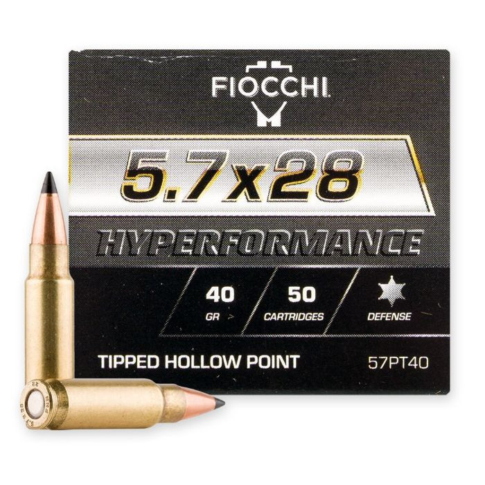 Fiocchi Hyperformance 5.7x28mm 40 grain Tipped Hollow Point defensive ammunition 50 round box