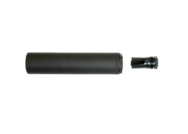 One Horse Ryn .30 caliber titanium suppressor in black with included 5/8x24 Pike 3-prong Plan B mount, MPN OH-RYN30