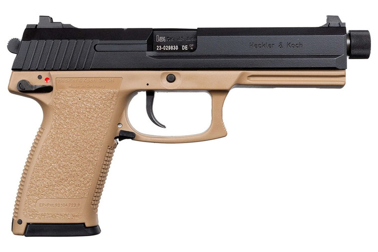HK Mark 23 .45 ACP pistol with FDE frame and black threaded barrel, MPN 81000868